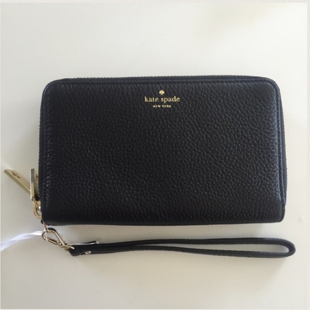 kate spade Black Leather Zip Wristlet Wallet with Gold Hardware